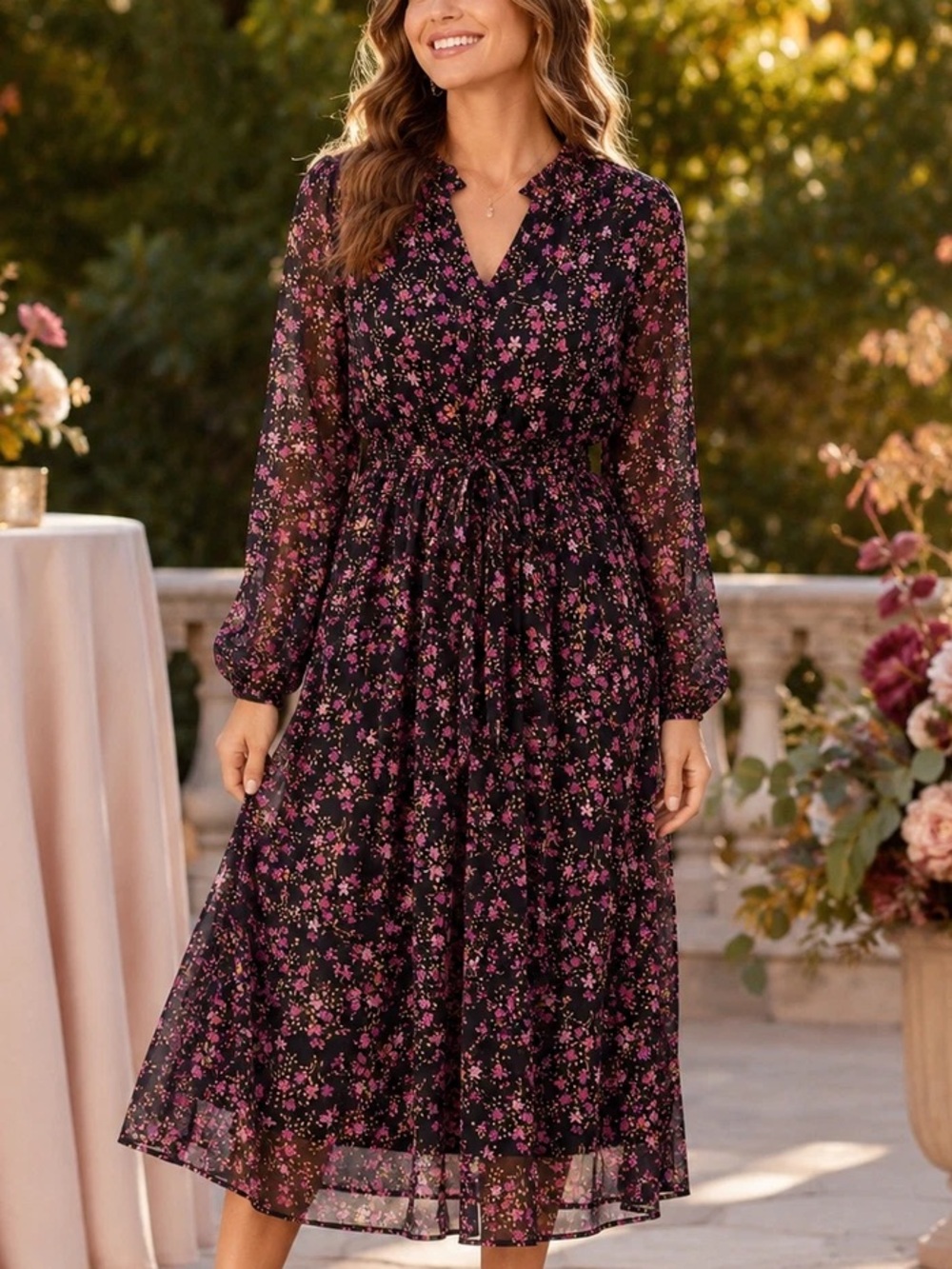 Draper James Black Dress with Pink Floral Print Midi Size 1X